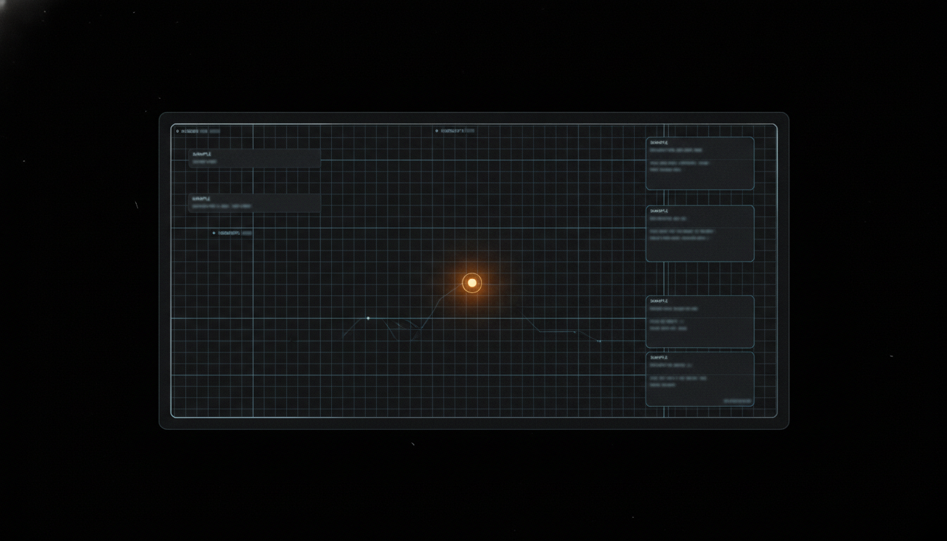 An instrument-grade Detection readout on obsidian — a fine ion-azure precision grid with SAMPLE-flagged, non-legible findings and one glowing molten-amber live node